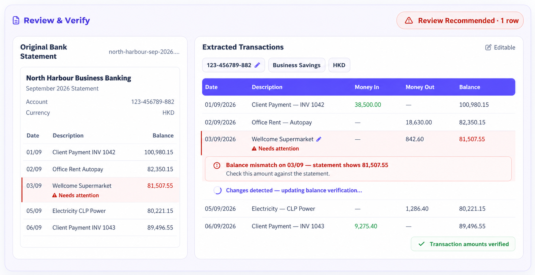 Illustrative bank statement review and automatic verification workspace